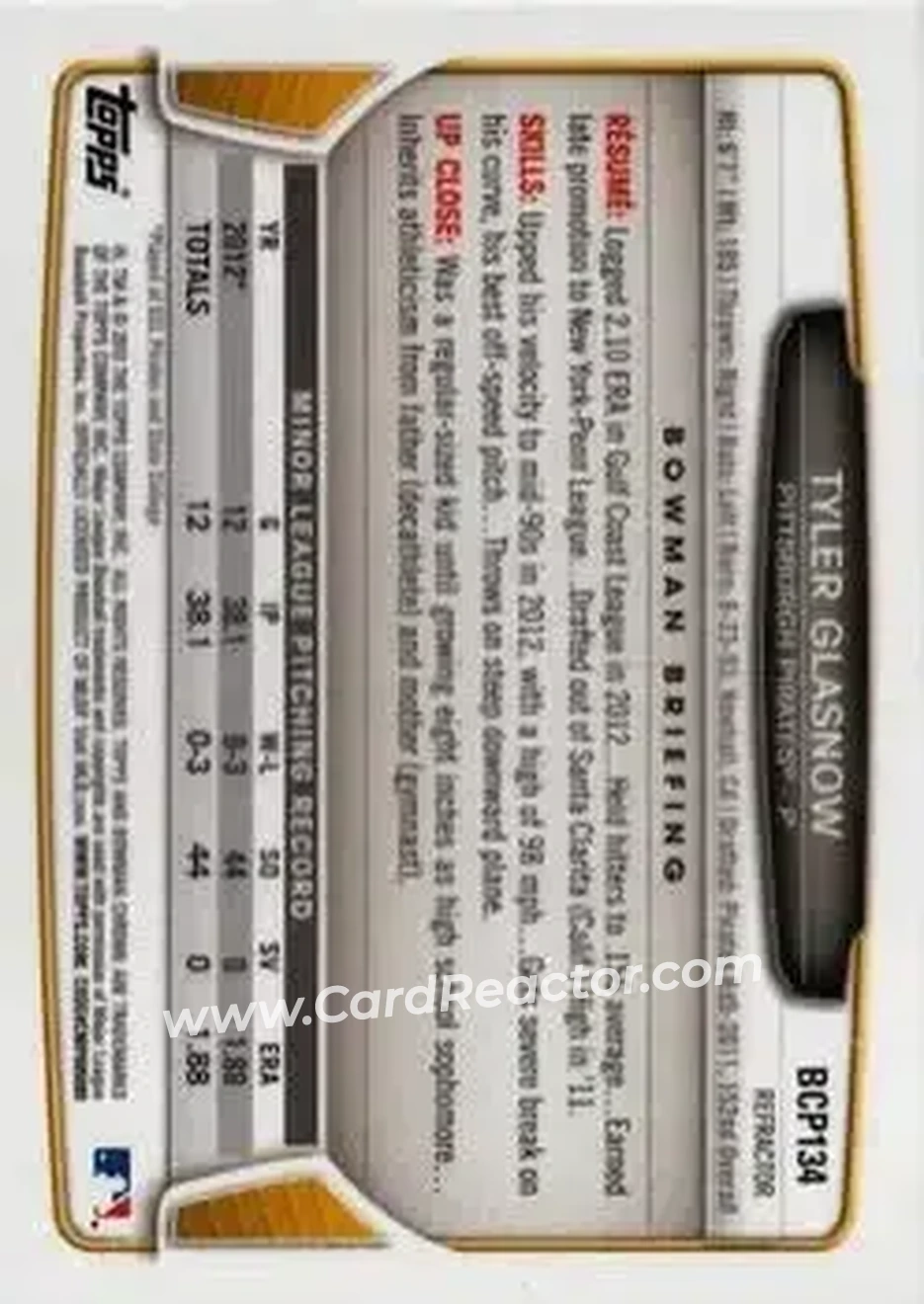 2013 Bowman Chrome - Prospects X-Fractors #BCP134 - Tyler Glasnow - Pittsburgh Pirates - Back