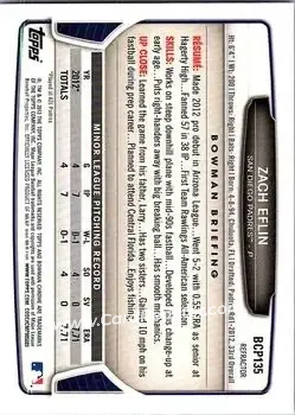 2013 Bowman Chrome - Prospects X-Fractors #BCP135 - Zach Eflin - San Diego Padres - Back