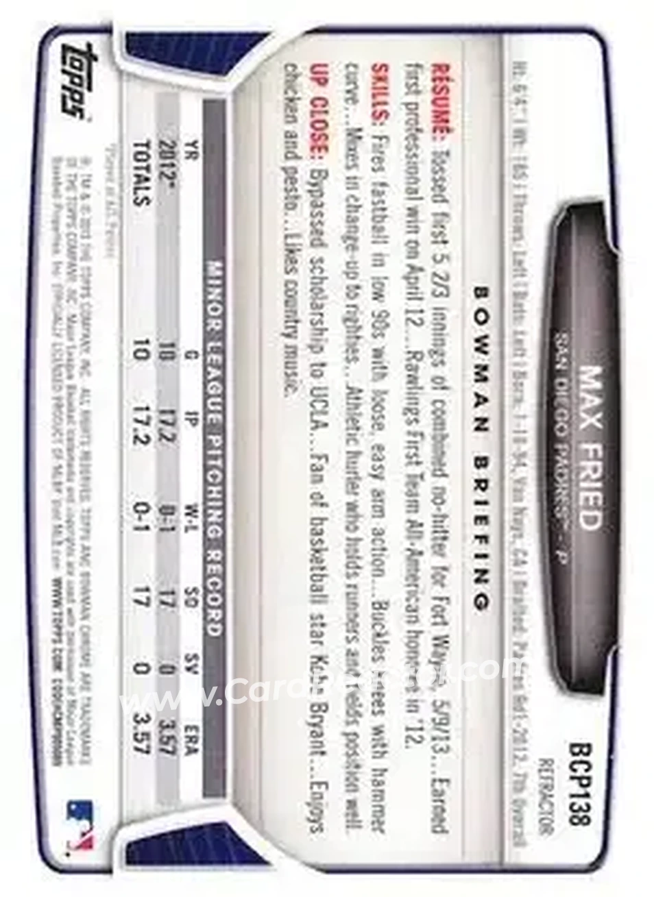 2013 Bowman Chrome - Prospects X-Fractors #BCP138 - Max Fried - San Diego Padres - Back 2013 Bowman Chrome - Prospects X-Fractors #BCP138 - Max Fried - San Diego Padres - Back