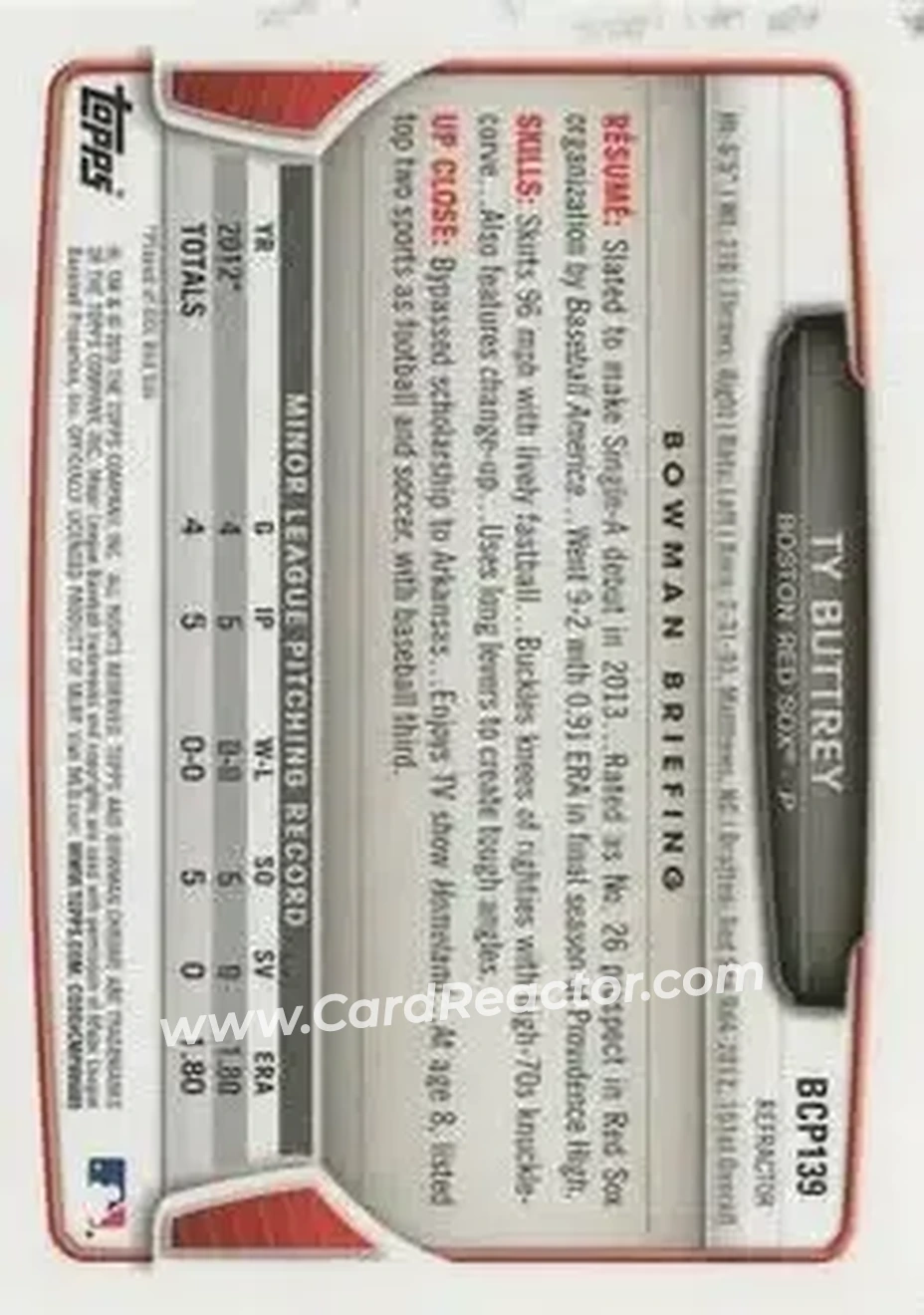 2013 Bowman Chrome - Prospects X-Fractors #BCP139 - Ty Buttrey - Boston Red Sox - Back 2013 Bowman Chrome - Prospects X-Fractors #BCP139 - Ty Buttrey - Boston Red Sox - Back