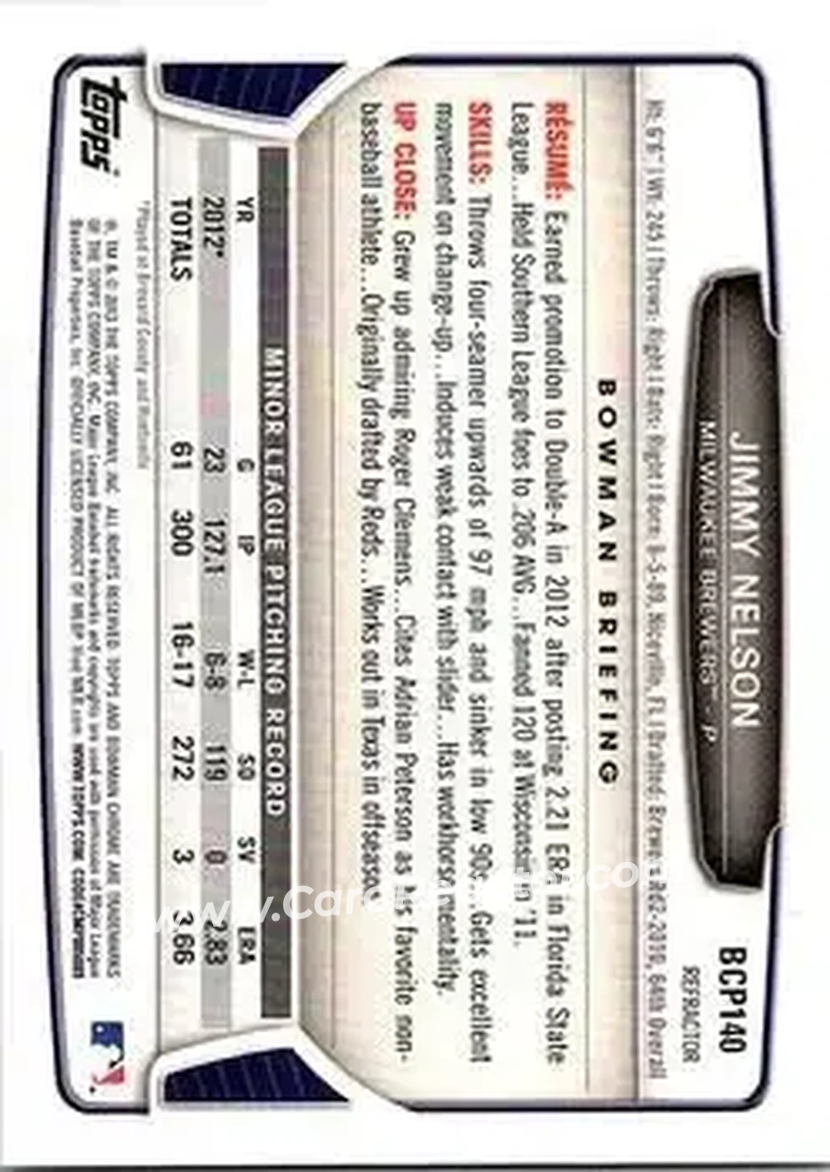 2013 Bowman Chrome - Prospects X-Fractors #BCP140 - Jimmy Nelson - Milwaukee Brewers - Back 2013 Bowman Chrome - Prospects X-Fractors #BCP140 - Jimmy Nelson - Milwaukee Brewers - Back