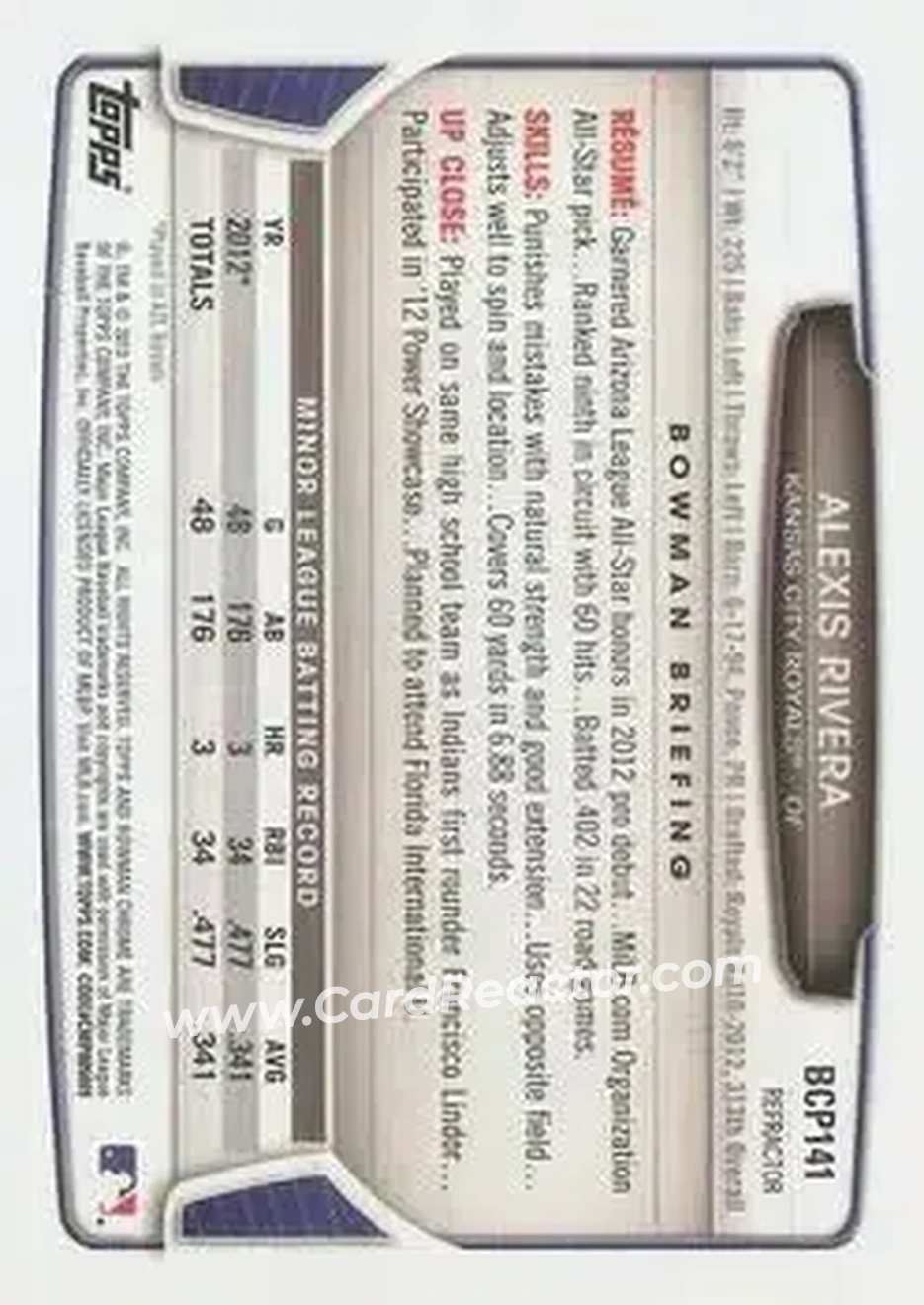 2013 Bowman Chrome - Prospects X-Fractors #BCP141 - Alexis Rivera - Kansas City Royals - Back