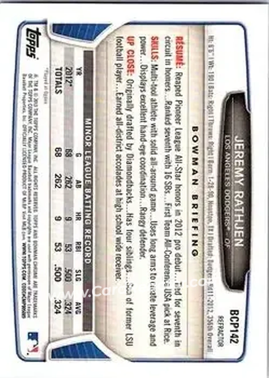 2013 Bowman Chrome - Prospects X-Fractors #BCP142 - Jeremy Rathjen - Los Angeles Dodgers - Back