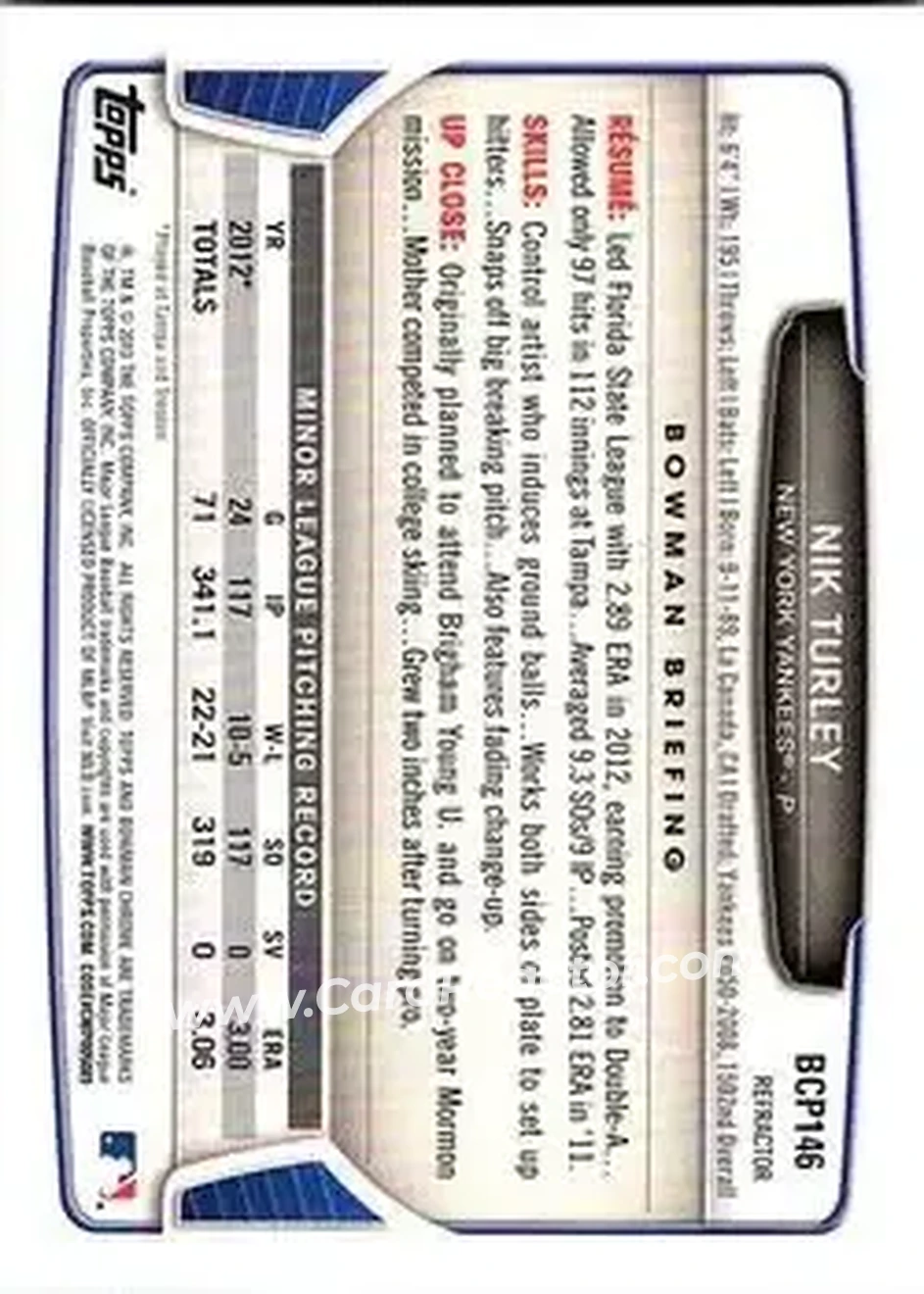 2013 Bowman Chrome - Prospects X-Fractors #BCP146 - Nik Turley - New York Yankees - Back