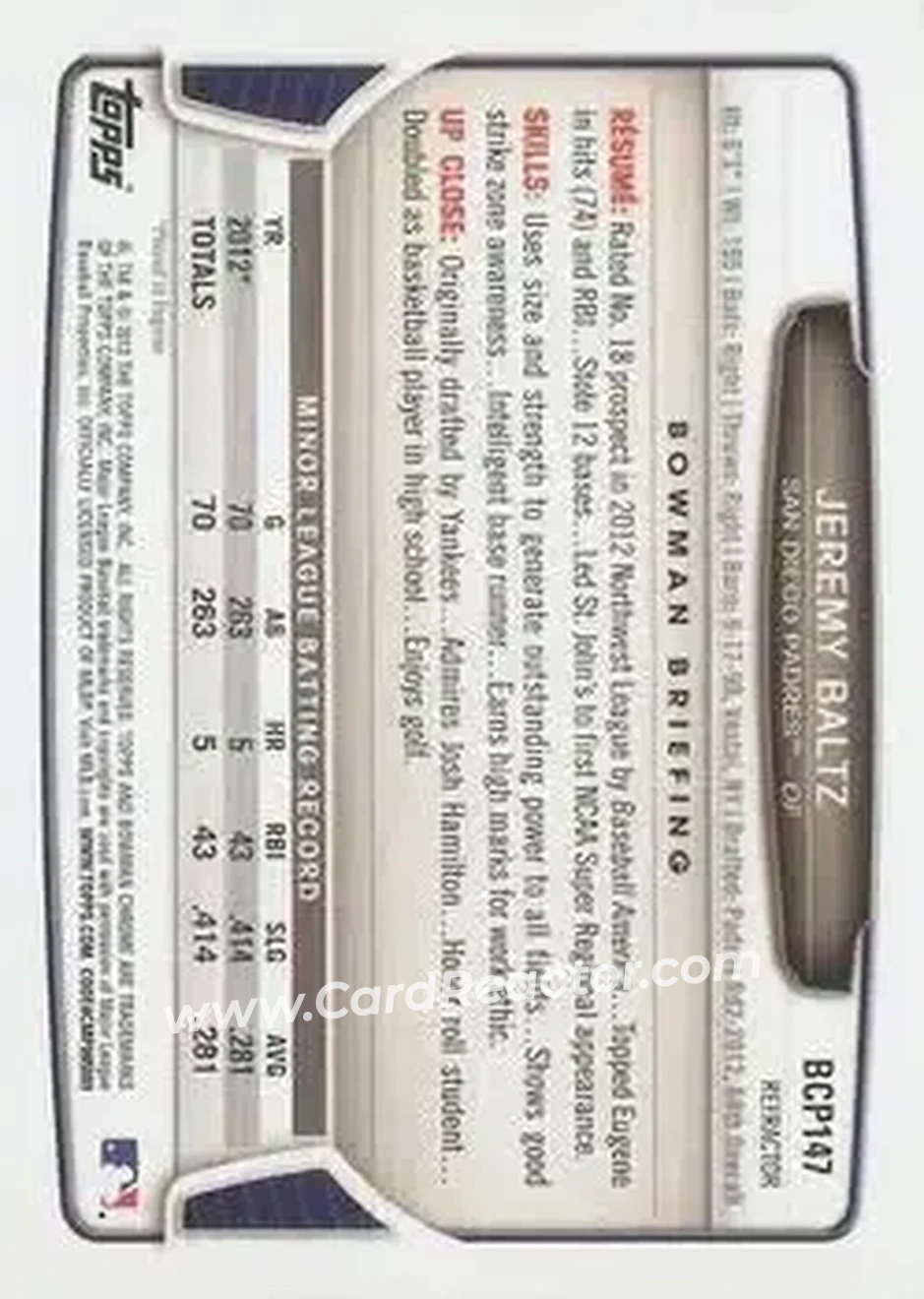 2013 Bowman Chrome - Prospects X-Fractors #BCP147 - Jeremy Baltz - San Diego Padres - Back
