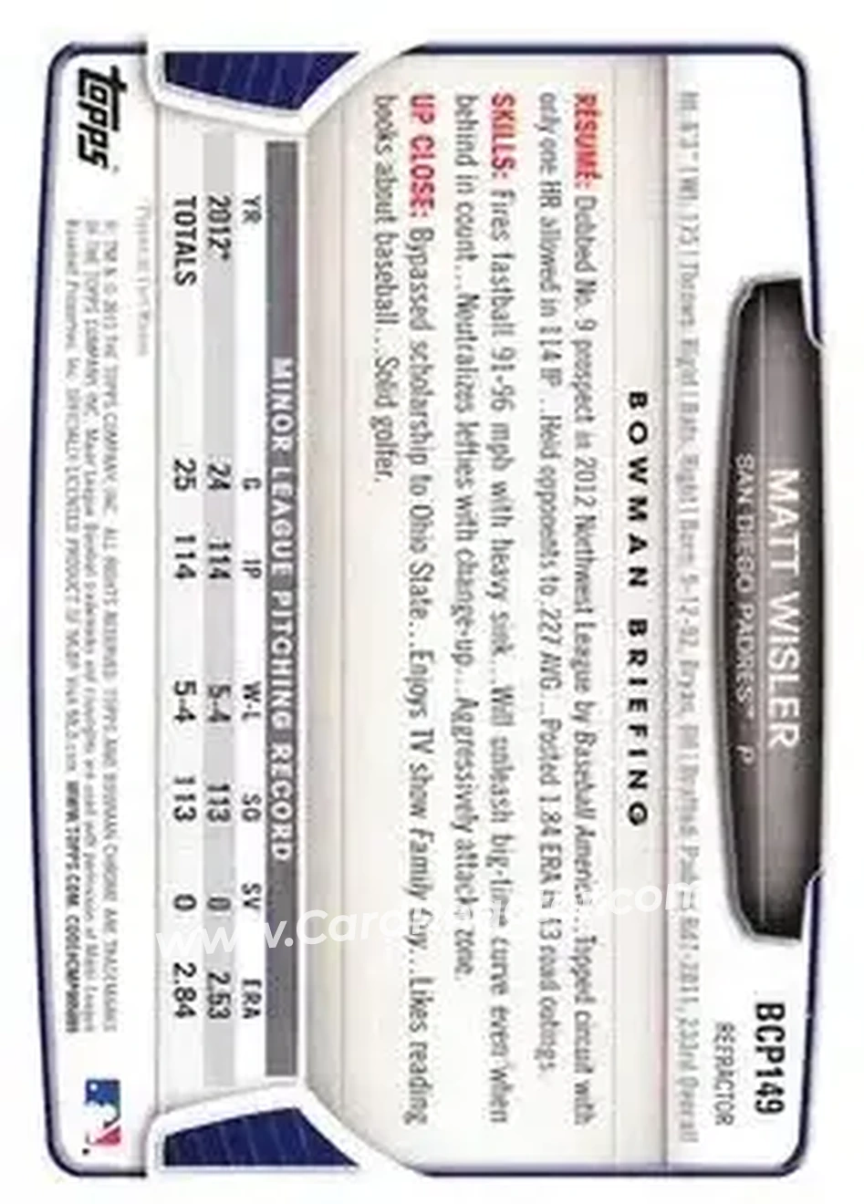 2013 Bowman Chrome - Prospects X-Fractors #BCP149 - Matt Wisler - San Diego Padres - Back 2013 Bowman Chrome - Prospects X-Fractors #BCP149 - Matt Wisler - San Diego Padres - Back