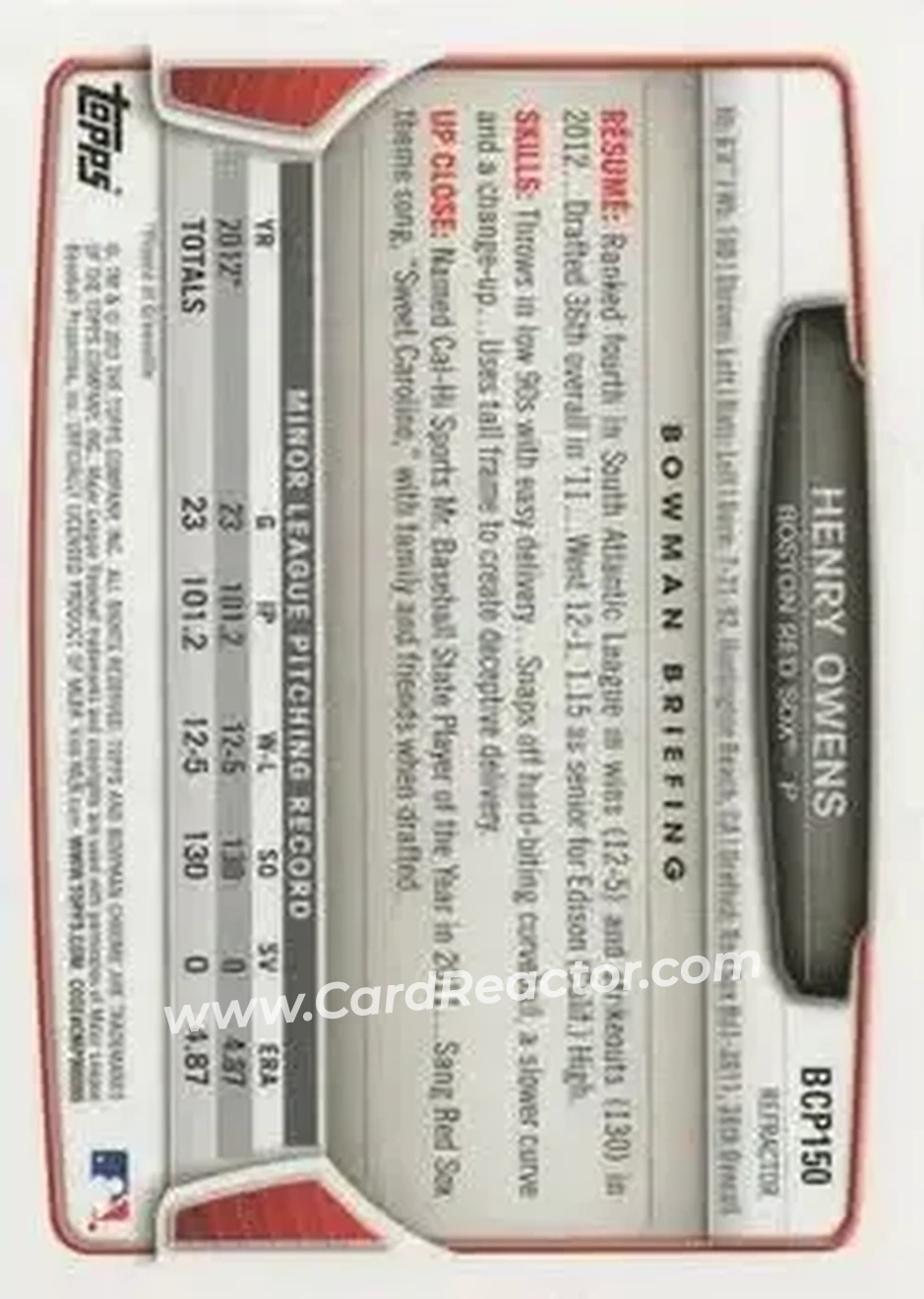 2013 Bowman Chrome - Prospects X-Fractors #BCP150 - Henry Owens - Boston Red Sox - Back