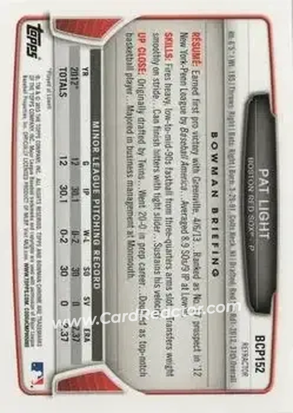 2013 Bowman Chrome - Prospects X-Fractors #BCP152 - Pat Light - Boston Red Sox - Back