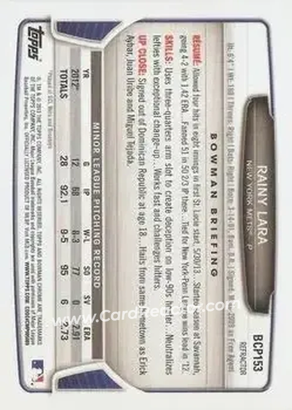 2013 Bowman Chrome - Prospects X-Fractors #BCP153 - Rainy Lara - New York Mets - Back