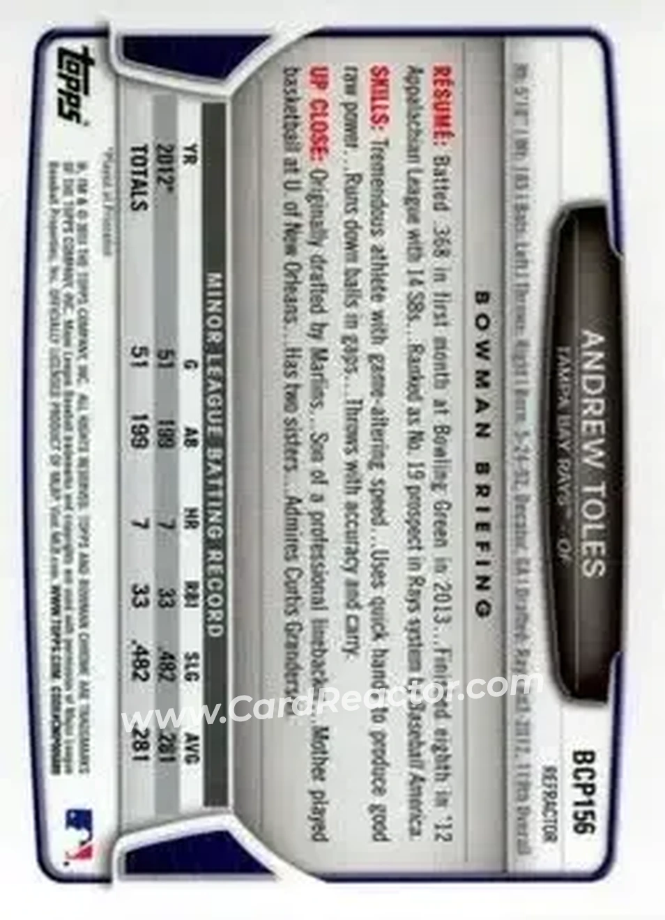 2013 Bowman Chrome - Prospects X-Fractors #BCP156 - Andrew Toles - Tampa Bay Rays - Back