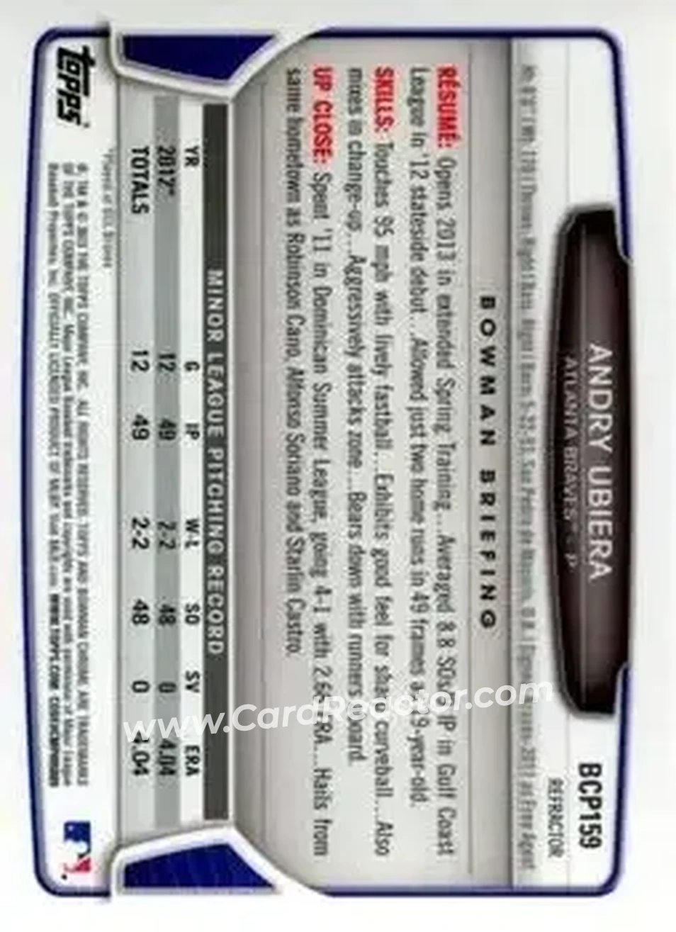 2013 Bowman Chrome - Prospects X-Fractors #BCP159 - Andry Ubiera - Atlanta Braves - Back