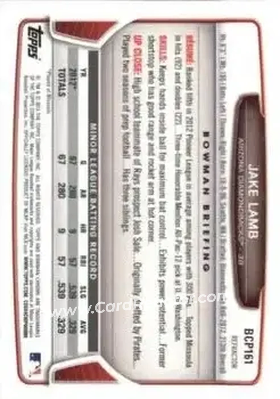 2013 Bowman Chrome - Prospects X-Fractors #BCP161 - Jake Lamb - Arizona Diamondbacks - Back