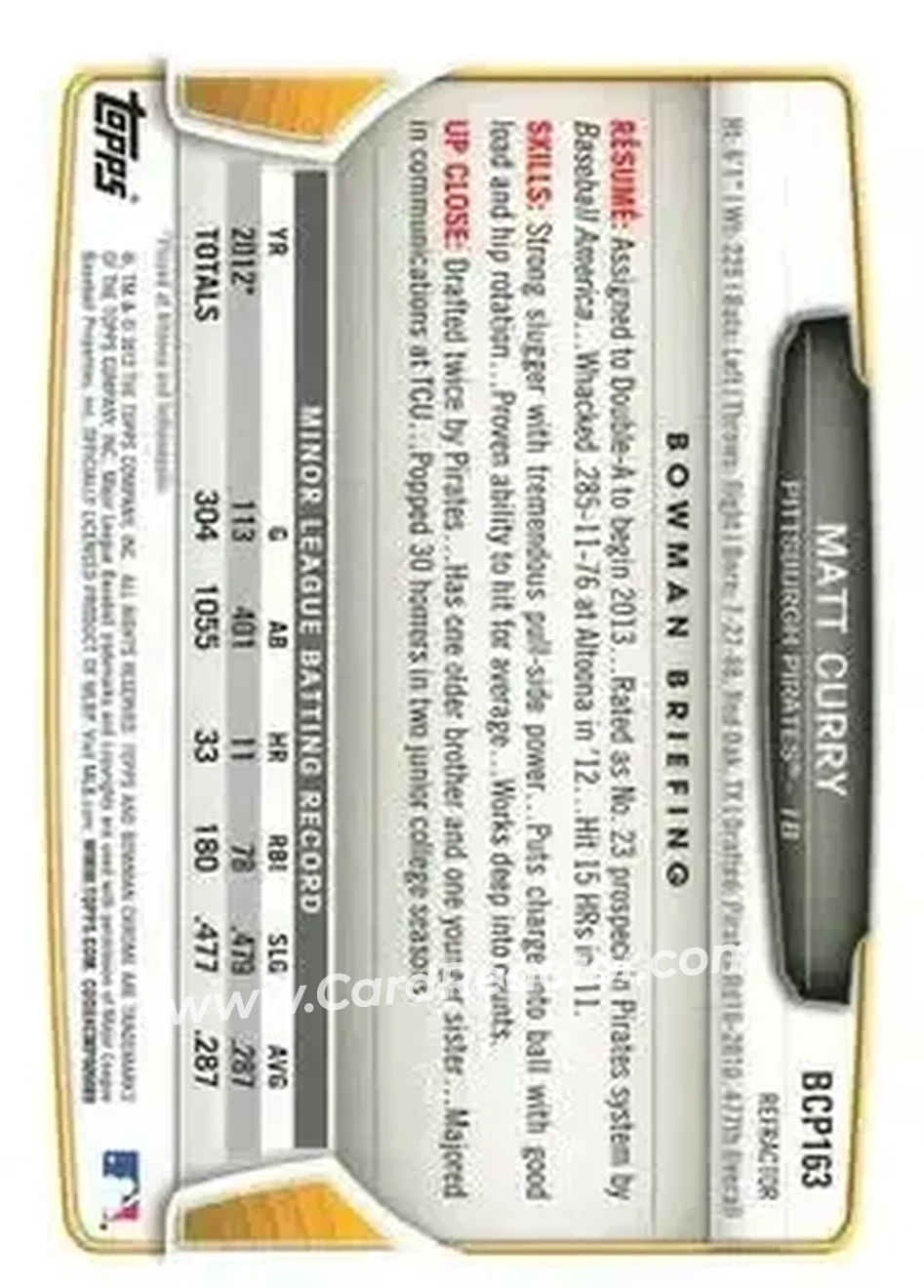 2013 Bowman Chrome - Prospects X-Fractors #BCP163 - Matt Curry - Pittsburgh Pirates - Back