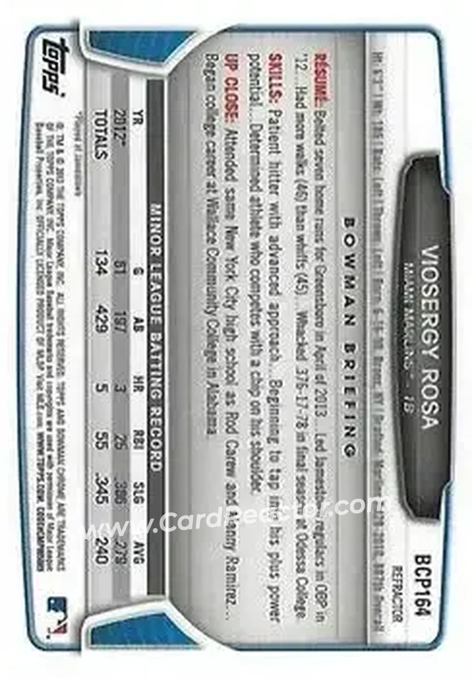 2013 Bowman Chrome - Prospects X-Fractors #BCP164 - Viosergy Rosa - Miami Marlins - Back