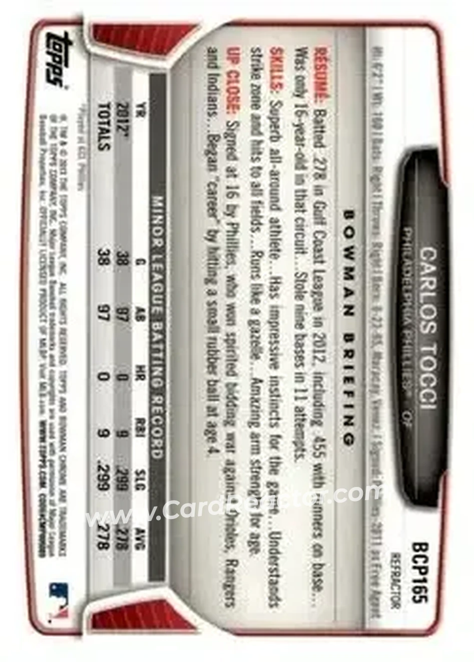 2013 Bowman Chrome - Prospects X-Fractors #BCP165 - Carlos Tocci - Philadelphia Phillies - Back 2013 Bowman Chrome - Prospects X-Fractors #BCP165 - Carlos Tocci - Philadelphia Phillies - Back