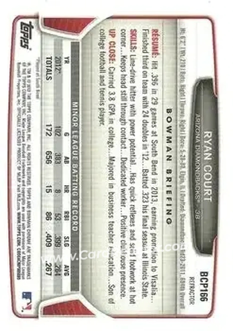 2013 Bowman Chrome - Prospects X-Fractors #BCP166 - Ryan Court - Arizona Diamondbacks - Back 2013 Bowman Chrome - Prospects X-Fractors #BCP166 - Ryan Court - Arizona Diamondbacks - Back