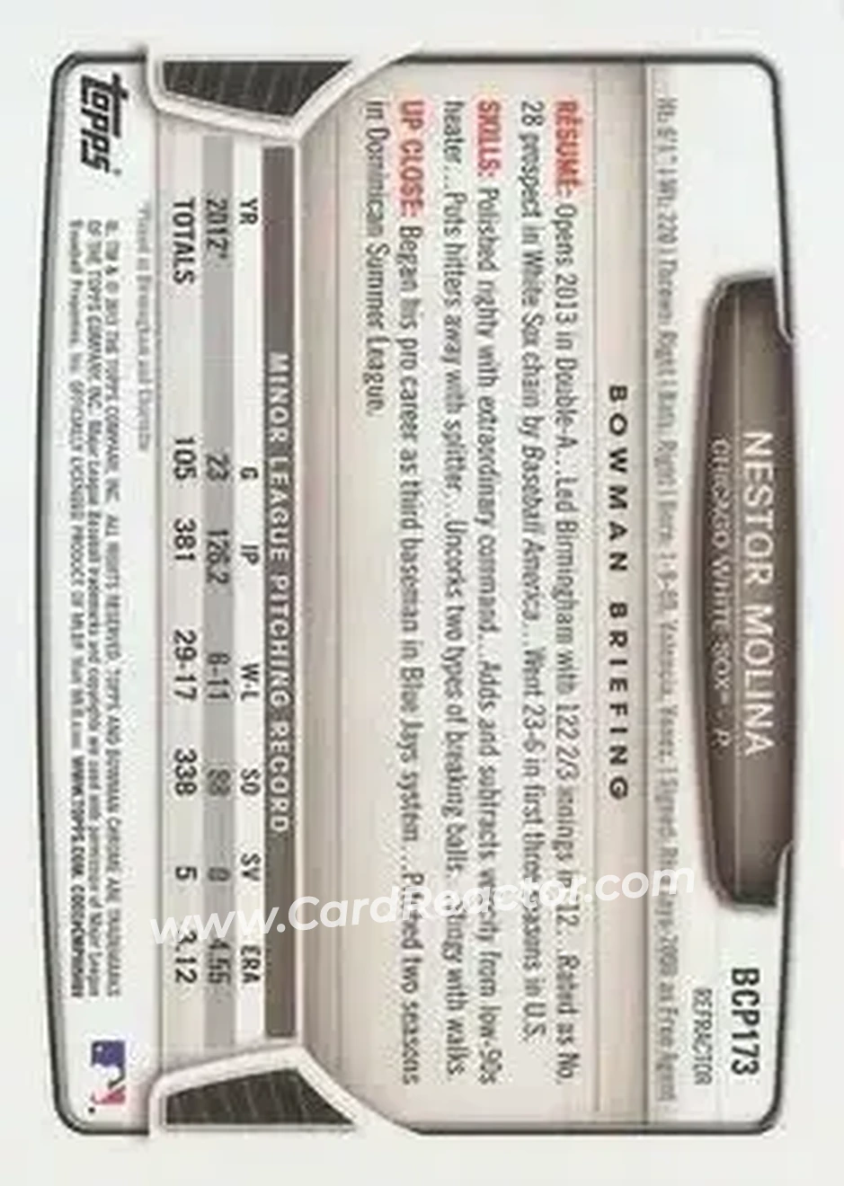 2013 Bowman Chrome - Prospects X-Fractors #BCP173 - Nestor Molina - Chicago White Sox - Back