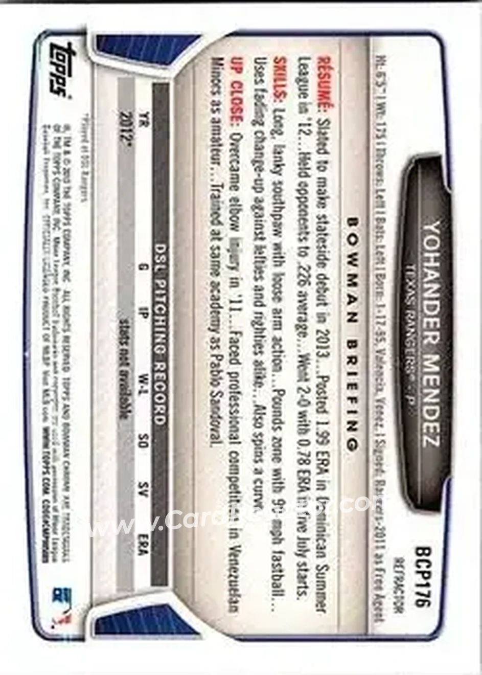 2013 Bowman Chrome - Prospects X-Fractors #BCP176 - Yohander Mendez - Texas Rangers - Back 2013 Bowman Chrome - Prospects X-Fractors #BCP176 - Yohander Mendez - Texas Rangers - Back