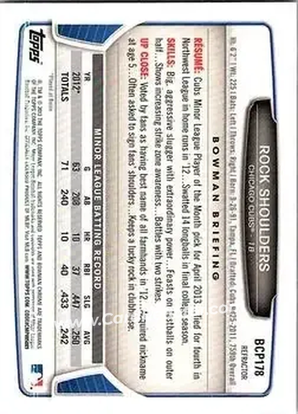 2013 Bowman Chrome - Prospects X-Fractors #BCP178 - Rock Shoulders - Chicago Cubs - Back 2013 Bowman Chrome - Prospects X-Fractors #BCP178 - Rock Shoulders - Chicago Cubs - Back