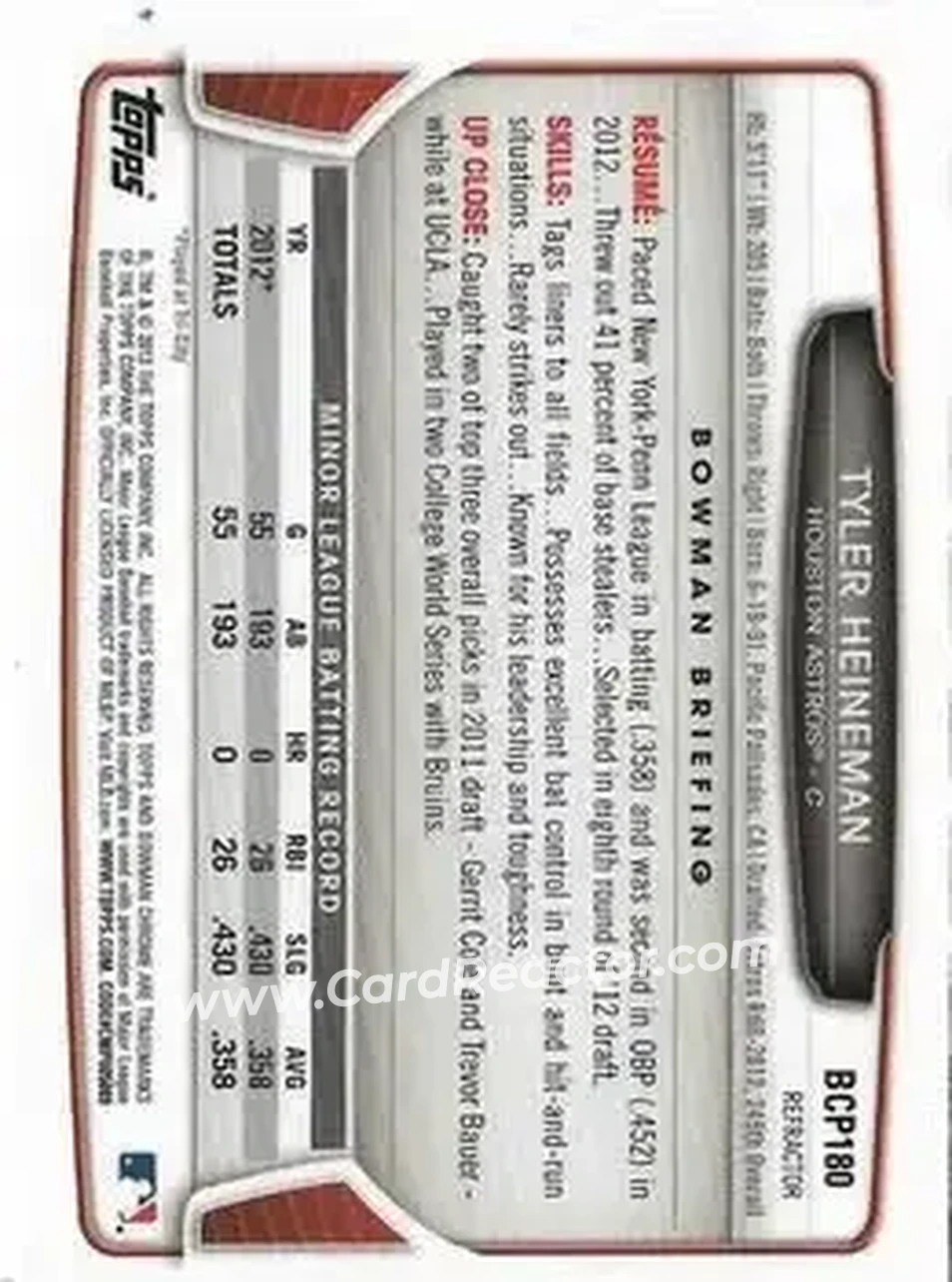 2013 Bowman Chrome - Prospects X-Fractors #BCP180 - Tyler Heineman - Houston Astros - Back