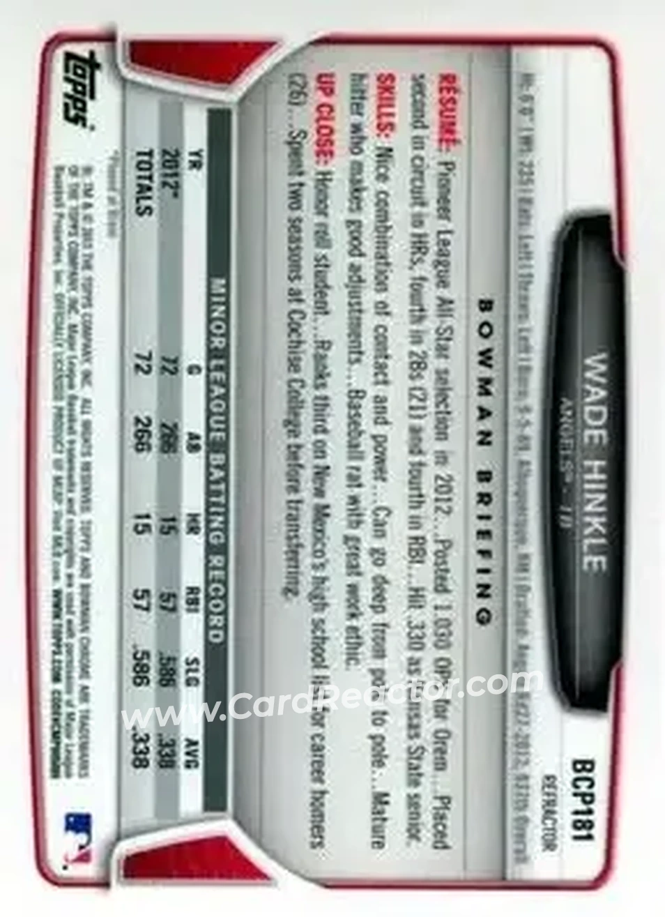 2013 Bowman Chrome - Prospects X-Fractors #BCP181 - Wade Hinkle - Los Angeles Angels - Back