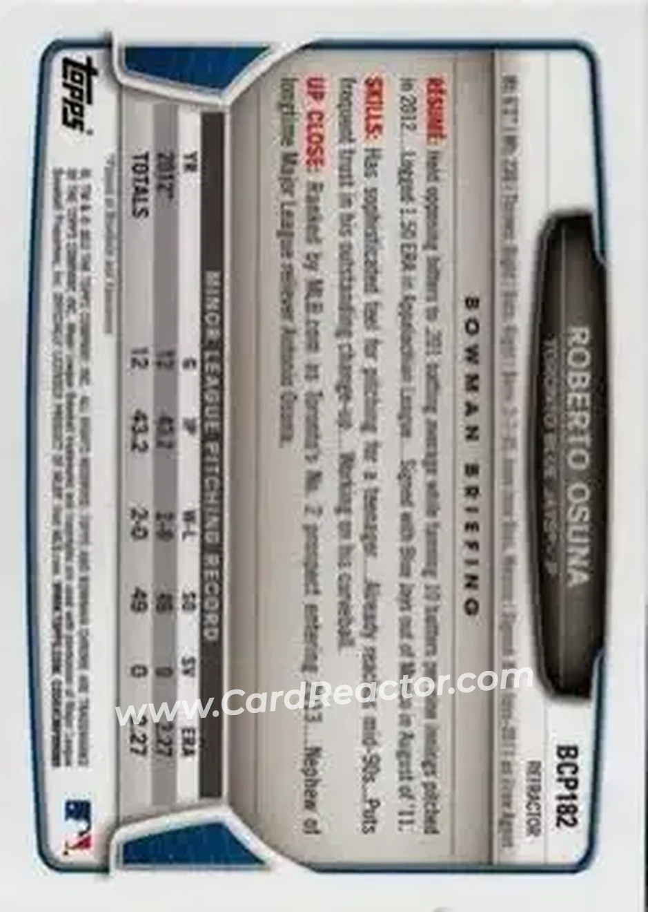 2013 Bowman Chrome - Prospects X-Fractors #BCP182 - Roberto Osuna - Toronto Blue Jays - Back
