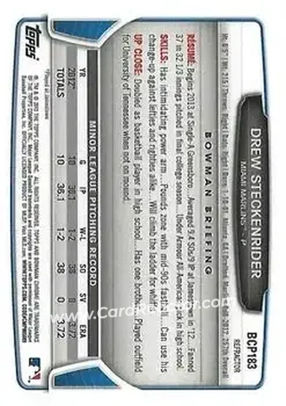 2013 Bowman Chrome - Prospects X-Fractors #BCP183 - Drew Steckenrider - Miami Marlins - Back