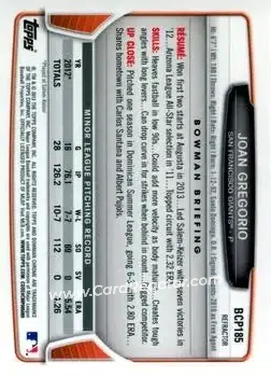 2013 Bowman Chrome - Prospects X-Fractors #BCP185 - Joan Gregorio - San Francisco Giants - Back 2013 Bowman Chrome - Prospects X-Fractors #BCP185 - Joan Gregorio - San Francisco Giants - Back