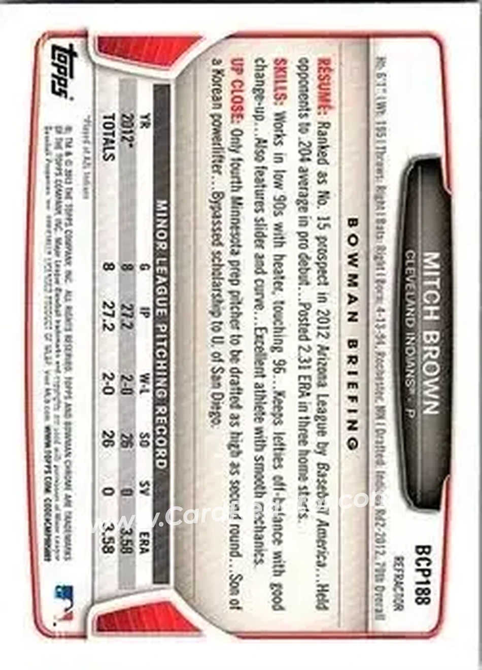2013 Bowman Chrome - Prospects X-Fractors #BCP188 - Mitch Brown - Cleveland Indians - Back