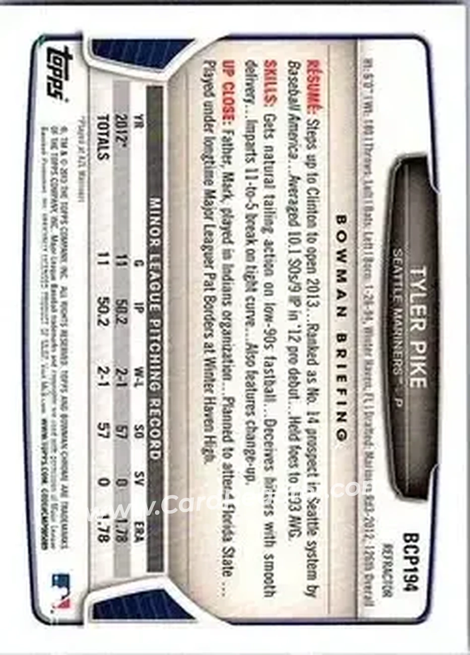 2013 Bowman Chrome - Prospects X-Fractors #BCP194 - Tyler Pike - Seattle Mariners - Back 2013 Bowman Chrome - Prospects X-Fractors #BCP194 - Tyler Pike - Seattle Mariners - Back