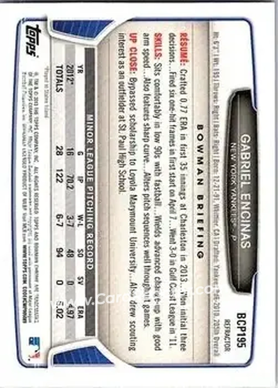 2013 Bowman Chrome - Prospects X-Fractors #BCP195 - Gabriel Encinas - New York Yankees - Back 2013 Bowman Chrome - Prospects X-Fractors #BCP195 - Gabriel Encinas - New York Yankees - Back