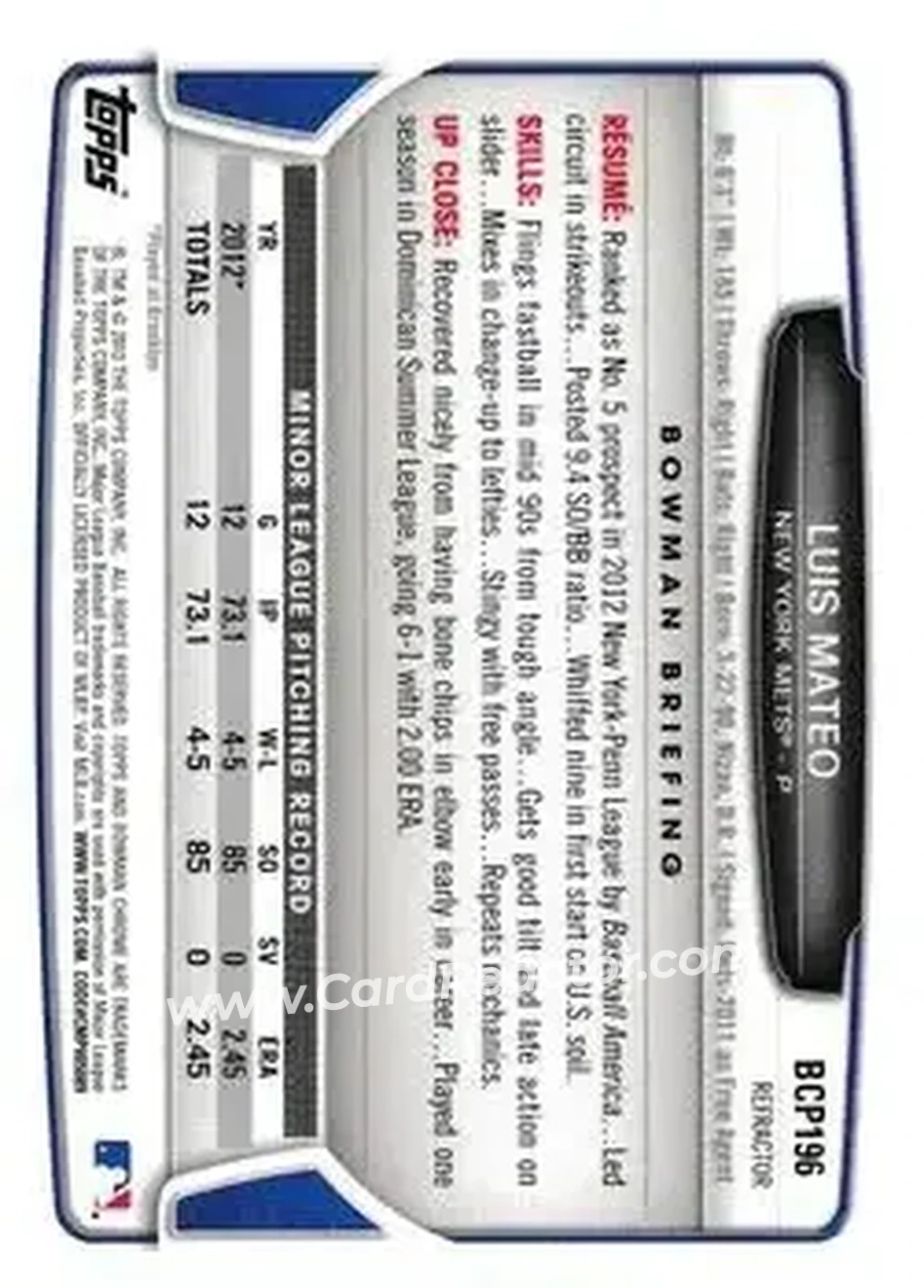 2013 Bowman Chrome - Prospects X-Fractors #BCP196 - Luis Mateo - New York Mets - Back 2013 Bowman Chrome - Prospects X-Fractors #BCP196 - Luis Mateo - New York Mets - Back