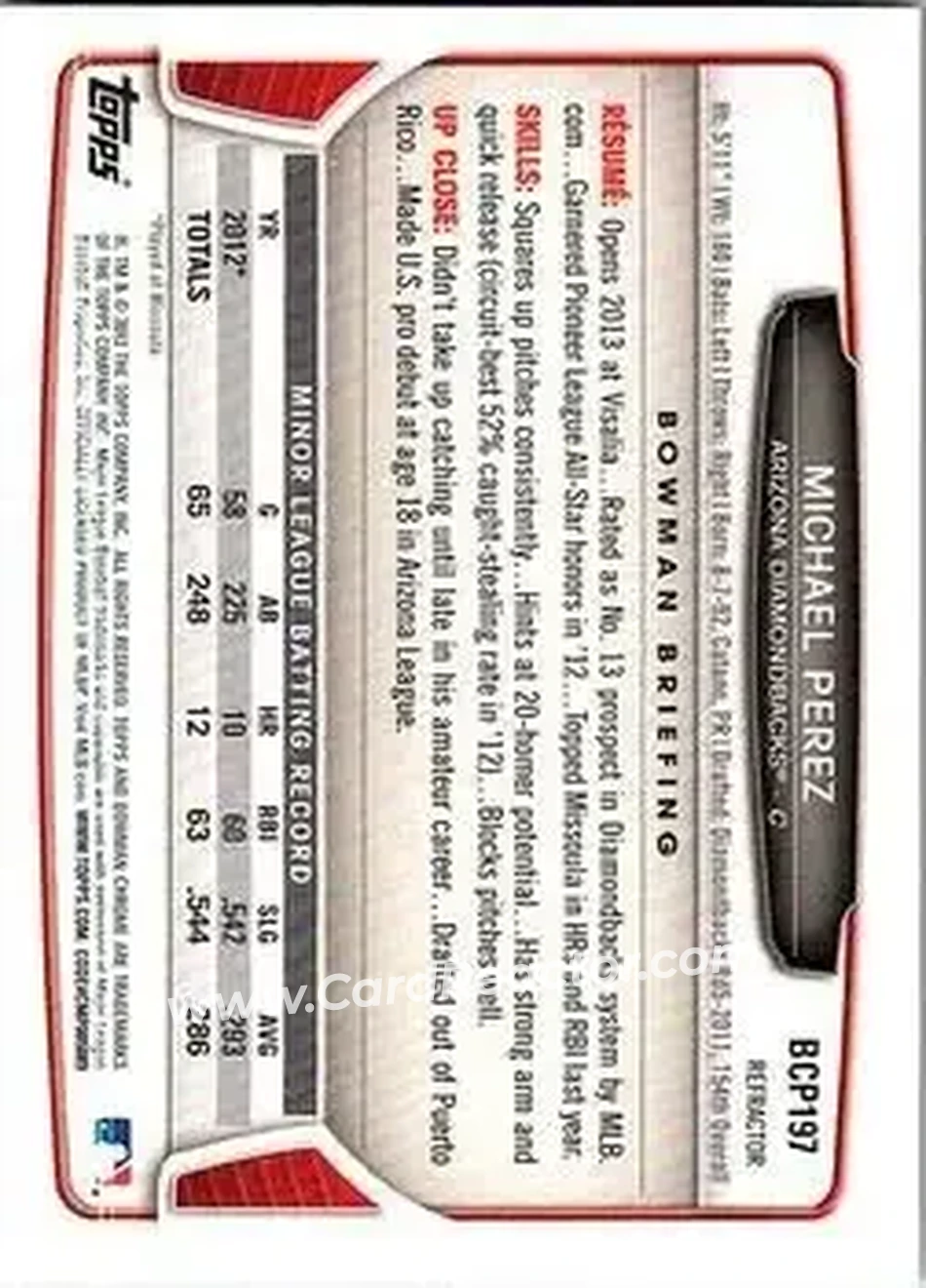 2013 Bowman Chrome - Prospects X-Fractors #BCP197 - Michael Perez - Arizona Diamondbacks - Back 2013 Bowman Chrome - Prospects X-Fractors #BCP197 - Michael Perez - Arizona Diamondbacks - Back
