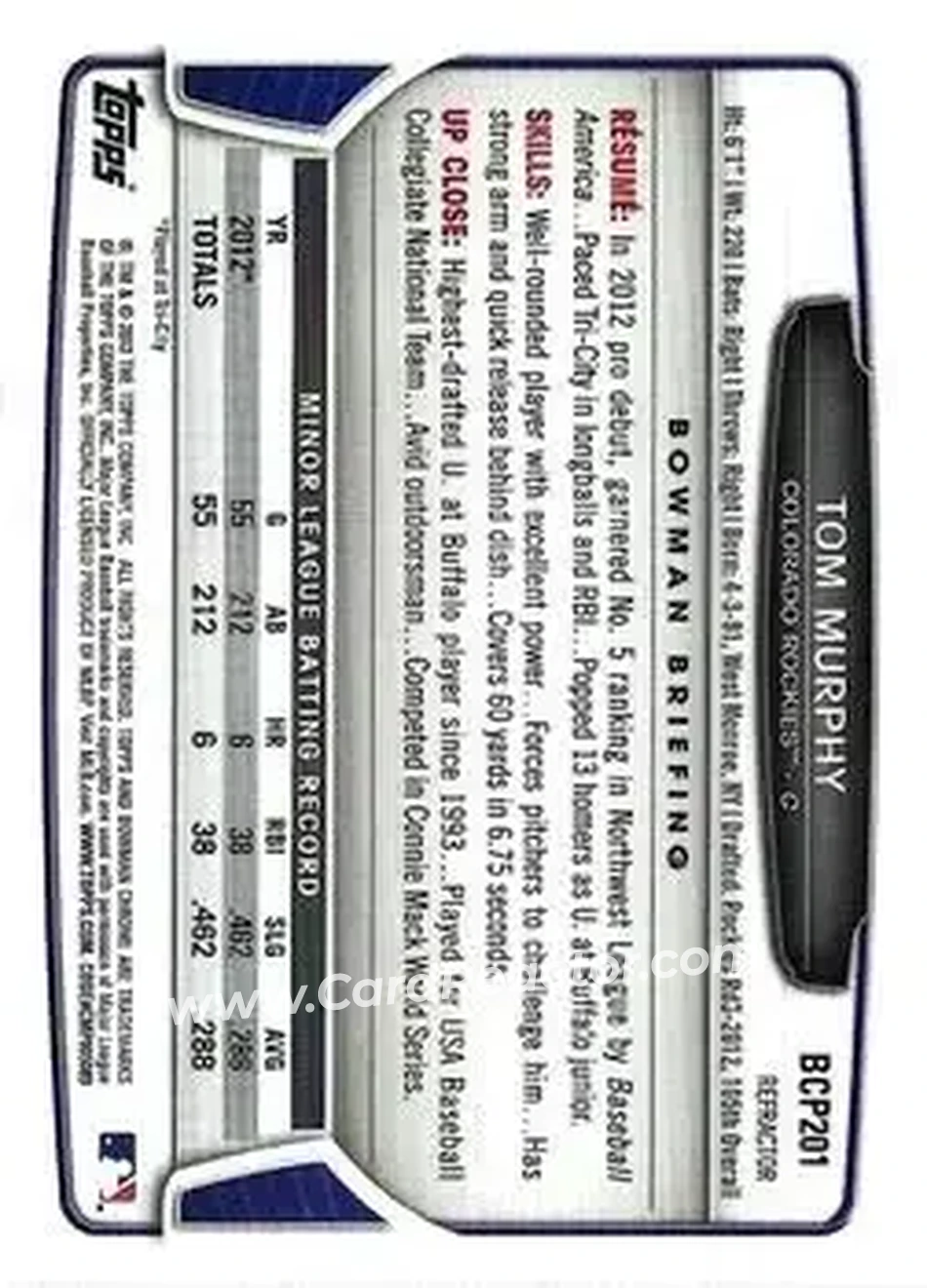 2013 Bowman Chrome - Prospects X-Fractors #BCP201 - Tom Murphy - Colorado Rockies - Back 2013 Bowman Chrome - Prospects X-Fractors #BCP201 - Tom Murphy - Colorado Rockies - Back