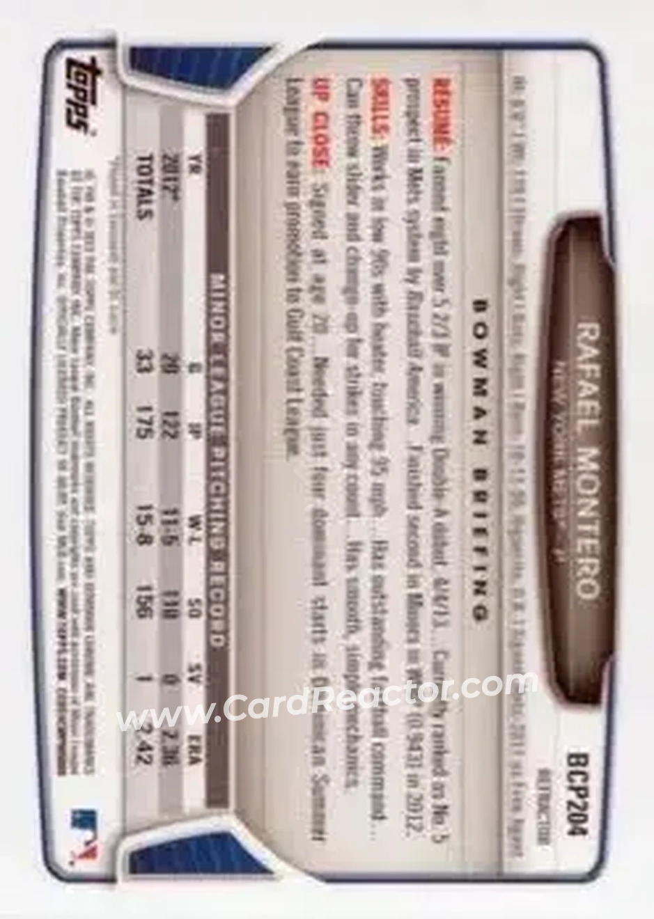 2013 Bowman Chrome - Prospects X-Fractors #BCP204 - Rafael Montero - New York Mets - Back