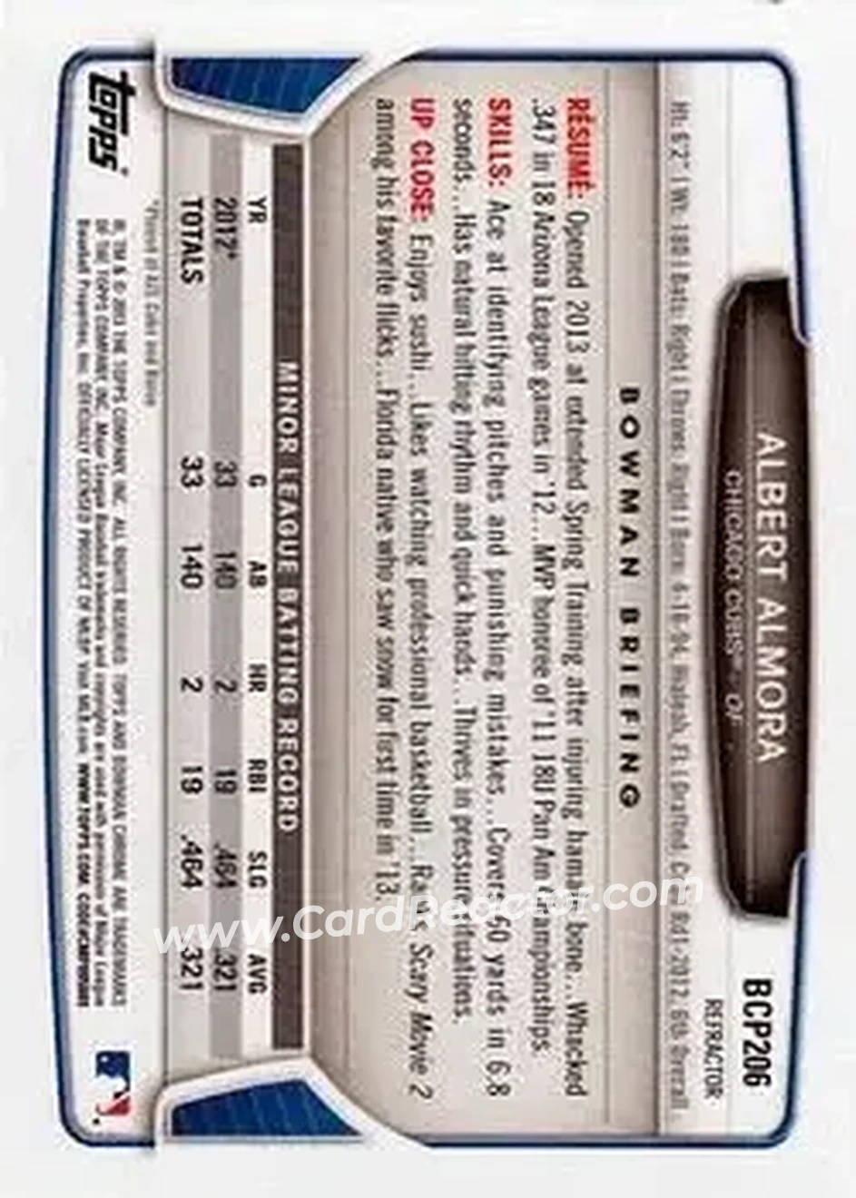 2013 Bowman Chrome - Prospects X-Fractors #BCP206 - Albert Almora - Chicago Cubs - Back 2013 Bowman Chrome - Prospects X-Fractors #BCP206 - Albert Almora - Chicago Cubs - Back