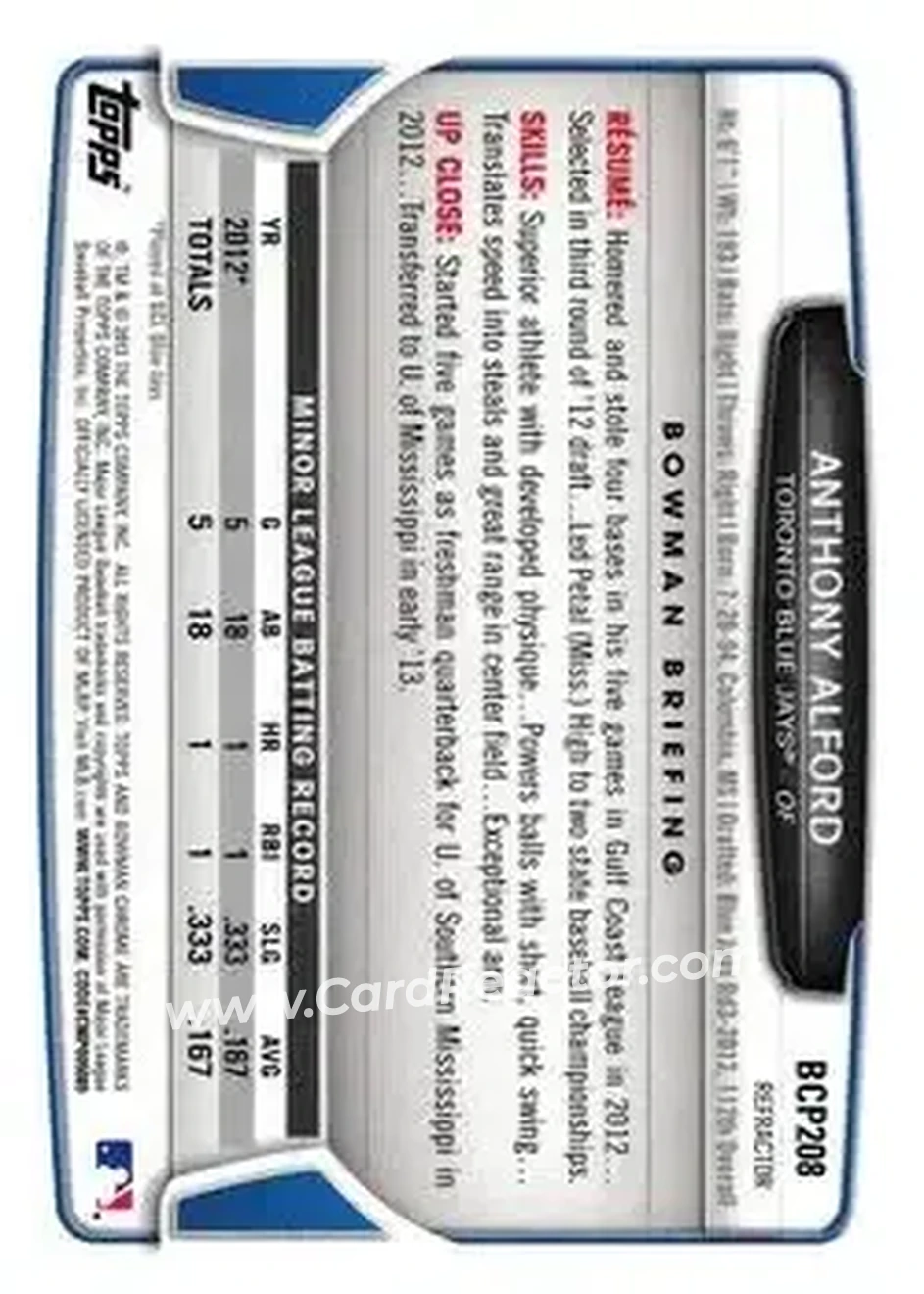 2013 Bowman Chrome - Prospects X-Fractors #BCP208 - Anthony Alford - Toronto Blue Jays - Back