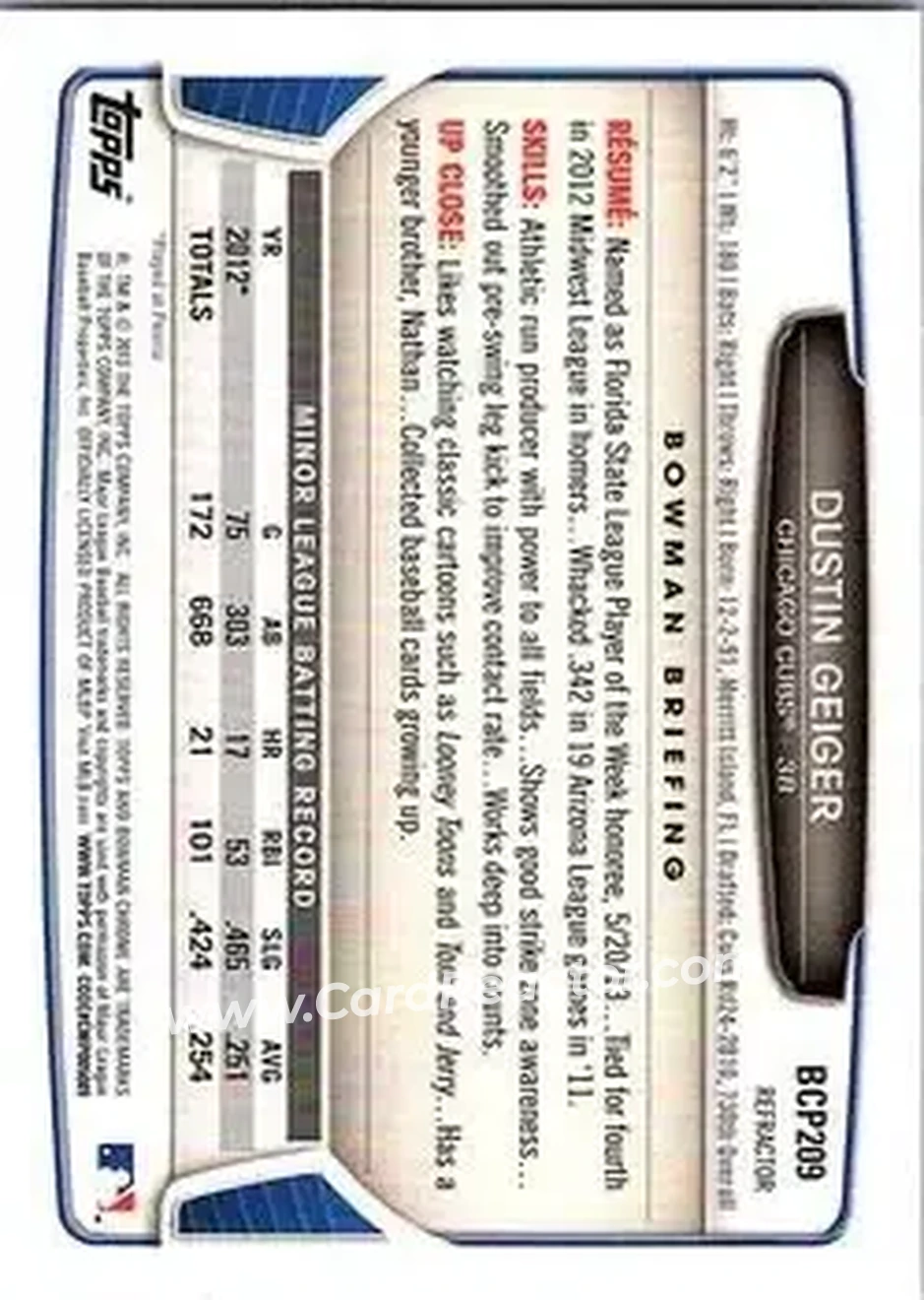2013 Bowman Chrome - Prospects X-Fractors #BCP209 - Dustin Geiger - Chicago Cubs - Back 2013 Bowman Chrome - Prospects X-Fractors #BCP209 - Dustin Geiger - Chicago Cubs - Back