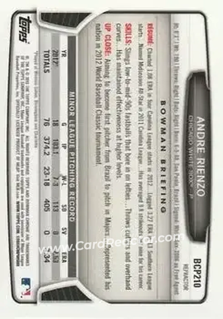 2013 Bowman Chrome - Prospects X-Fractors #BCP210 - Andre Rienzo - Chicago White Sox - Back