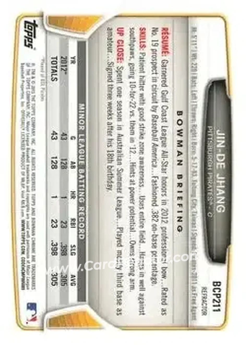 2013 Bowman Chrome - Prospects X-Fractors #BCP211 - Jin-De Jhang - Pittsburgh Pirates - Back