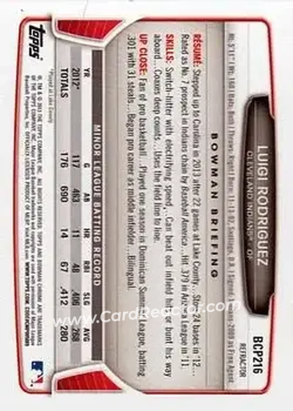 2013 Bowman Chrome - Prospects X-Fractors #BCP216 - Luigi Rodriguez - Cleveland Indians - Back 2013 Bowman Chrome - Prospects X-Fractors #BCP216 - Luigi Rodriguez - Cleveland Indians - Back