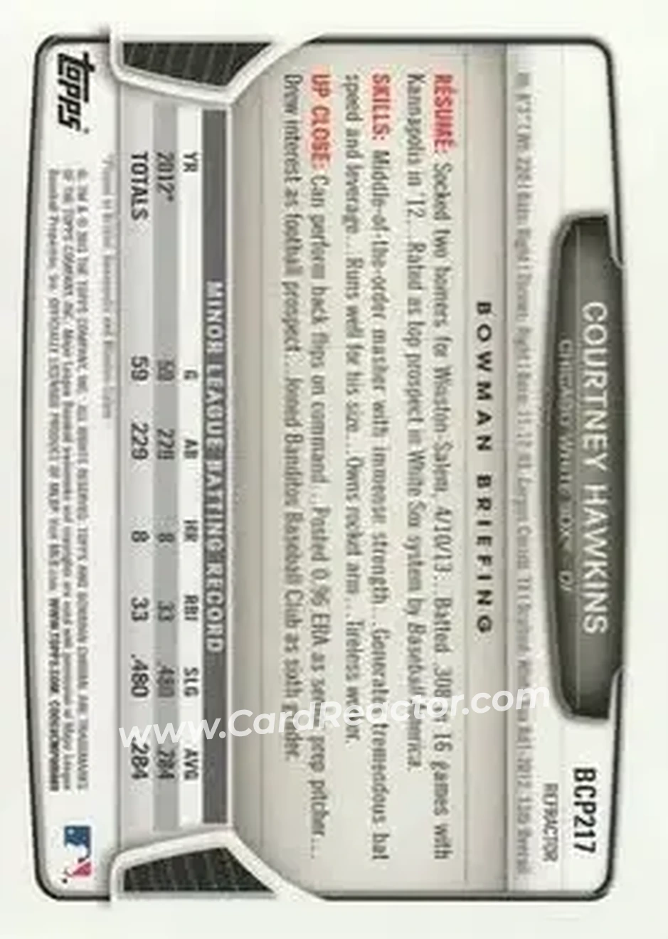 2013 Bowman Chrome - Prospects X-Fractors #BCP217 - Courtney Hawkins - Chicago White Sox - Back