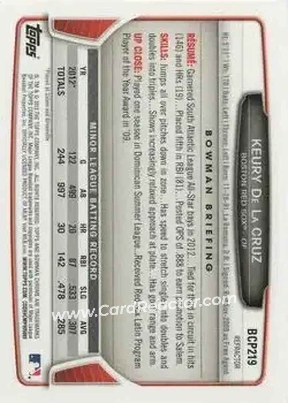 2013 Bowman Chrome - Prospects X-Fractors #BCP219 - Keury de la Cruz - Boston Red Sox - Back
