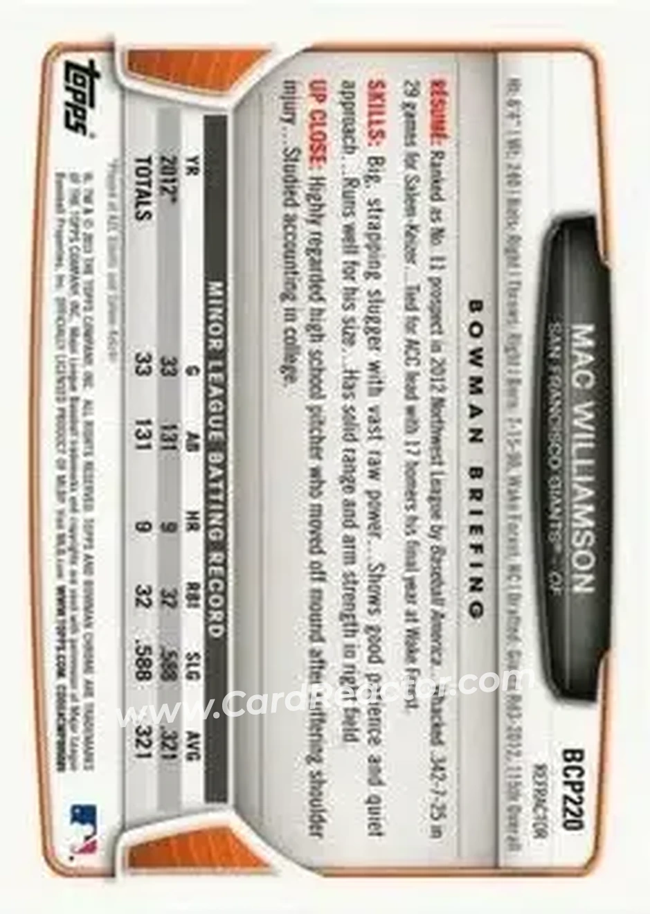 2013 Bowman Chrome - Prospects X-Fractors #BCP220 - Mac Williamson - San Francisco Giants - Back