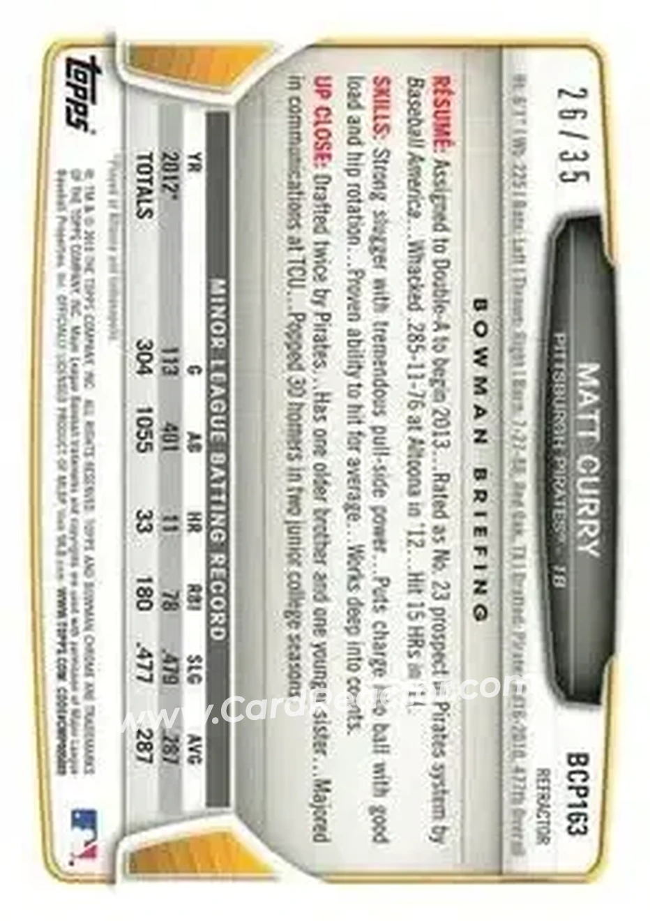 2013 Bowman Chrome - Prospects Pink Refractors #BCP163 - Matt Curry - Pittsburgh Pirates - Back