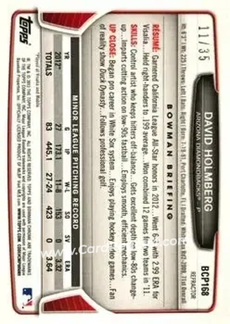 2013 Bowman Chrome - Prospects Pink Refractors #BCP168 - David Holmberg - Arizona Diamondbacks - Back