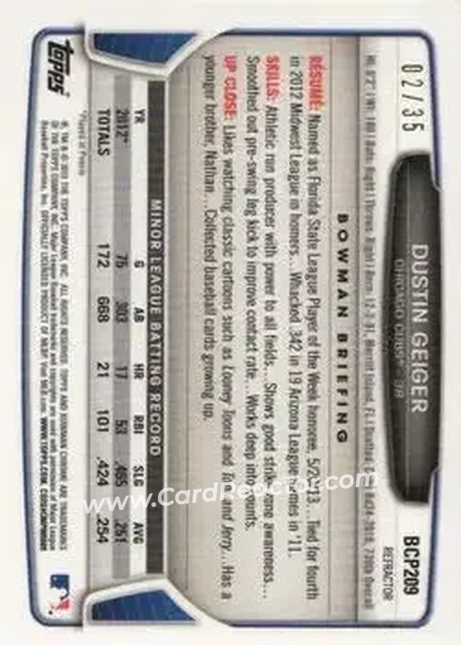 2013 Bowman Chrome - Prospects Pink Refractors #BCP209 - Dustin Geiger - Chicago Cubs - Back