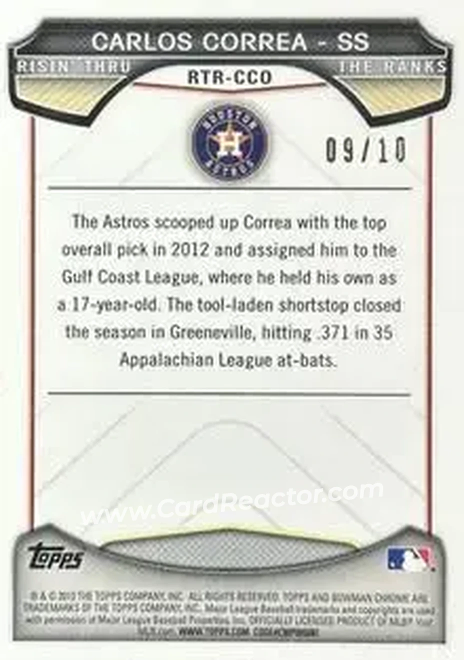 2013 Bowman Chrome - Risin' Thru the Ranks Mini Black Refractor #RTR-CCO - Carlos Correa - Houston Astros - Back