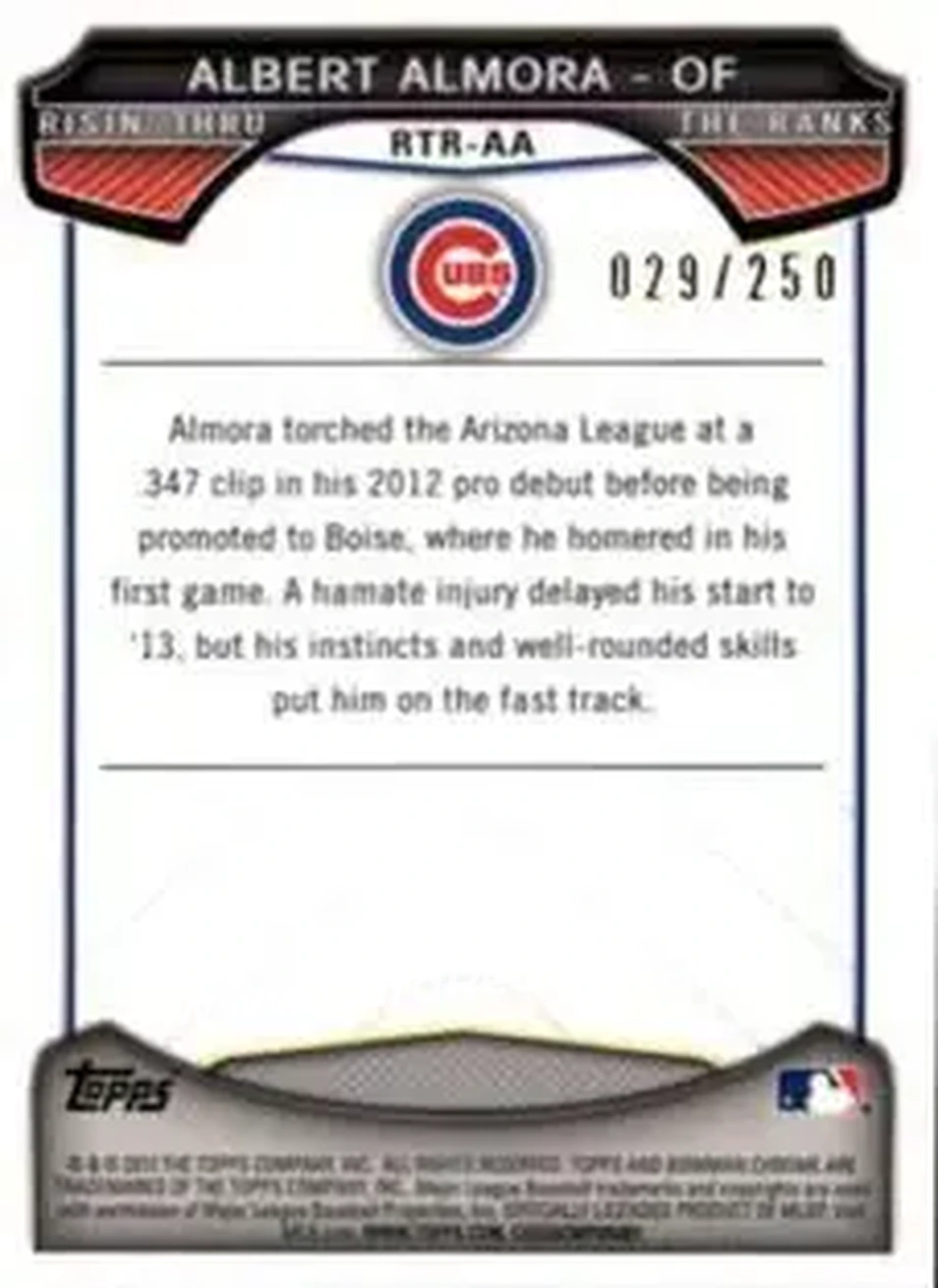 2013 Bowman Chrome - Risin' Thru the Ranks Mini Blue Refractor #RTR-AA - Albert Almora - Chicago Cubs - Back