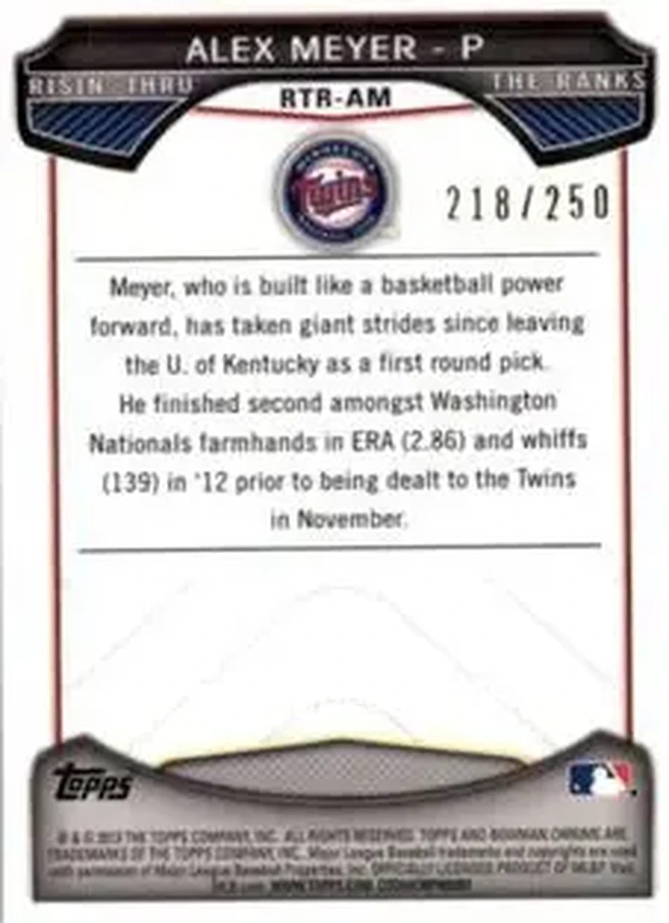 2013 Bowman Chrome - Risin' Thru the Ranks Mini Blue Refractor #RTR-AM - Alex Meyer - Minnesota Twins - Back